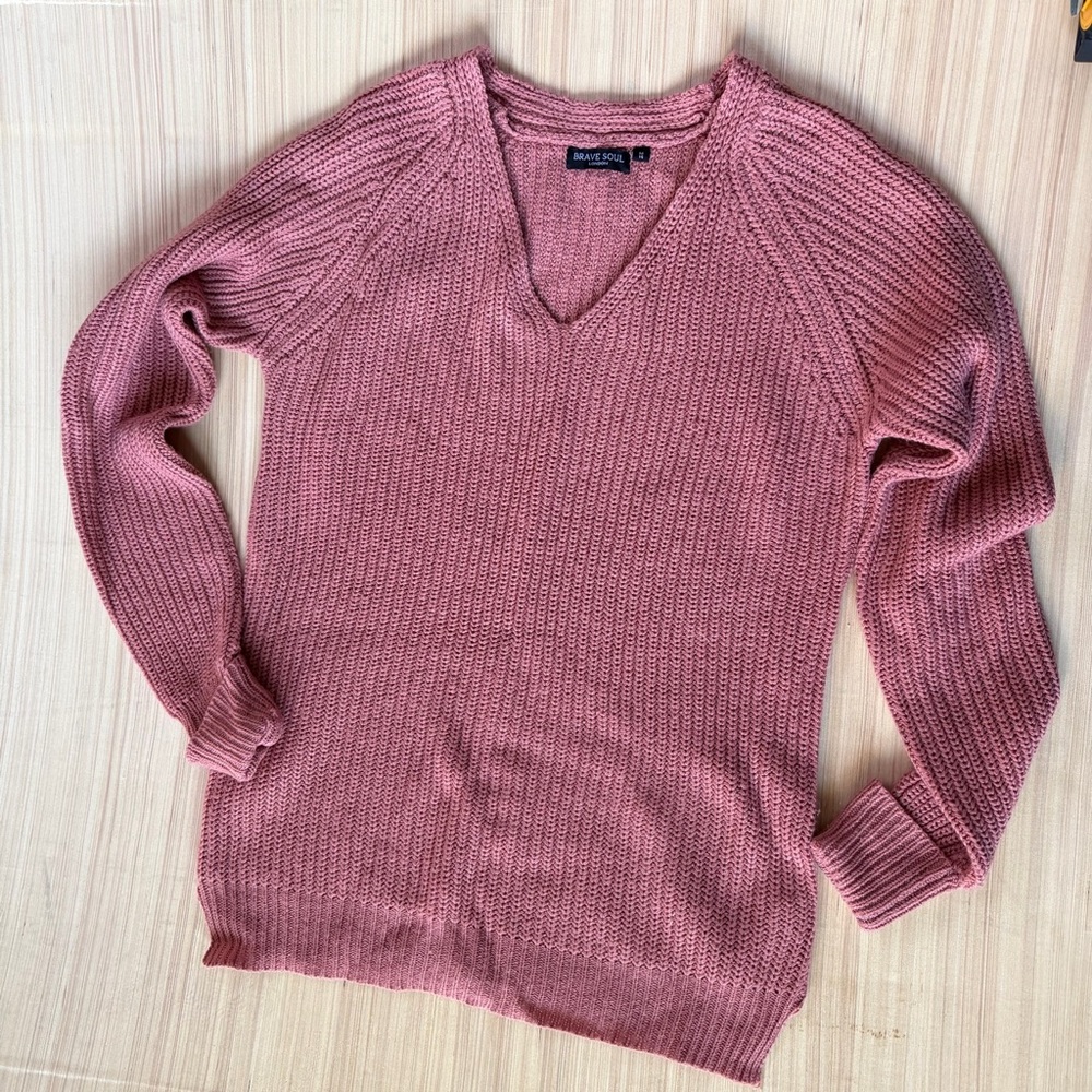 Brave Soul London Womens Pink Shaker Stitch V-Neck Sweater Size M